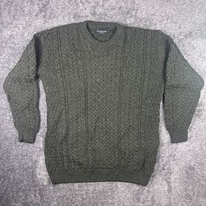 Men's Rue St Patrick Loden Green Wool Cable Fisherman Sweater Made in Ireland XL